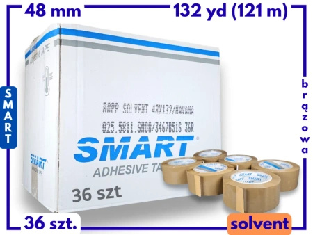 karton solvent 48mm x 132yd (121m) Smart BRĄZOWA taśma klejąca 48/132 pakowa 36 sztuk