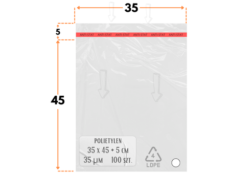 35x45 +5 cm worki foliowe z taśmą klejącą na odzież 350x450 +50 mm ldPE 100 szt 