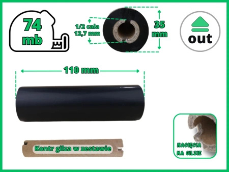 110x74 OUT kalka WOSKOWO-ŻYWICZNA taśma termotransferowa wosk żywica 110 mm 74 m czarna