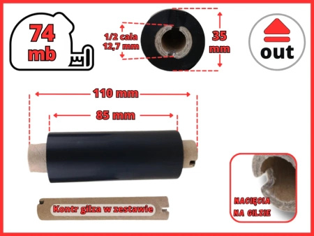 85x74 OUT kalka ŻYWICZNA taśma termotransferowa żywica 85 mm 74 m czarna