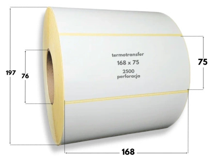 168x75 mm etykiety termotransferowe 2500 szt. gilza 76 perforacja samoprzylepne białe naklejki 168/75