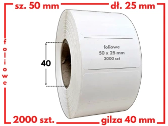 białe 50x25 mm etykiety FOLIOWE 2000 szt. gilza 40 mm termotransfer
