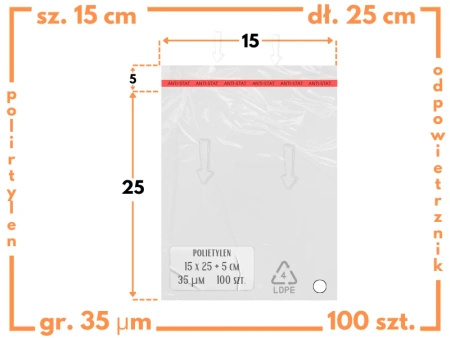 15x25 +5 cm worki foliowe z taśmą klejącą na odzież 150x250 +50 mm ldPE 100 szt