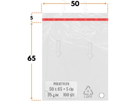 50x65 +5 cm worki foliowe z taśmą klejącą na odzież 500x650 +50 mm ldPE 100 szt 