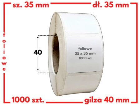 białe 35x35 mm etykiety FOLIOWE 1000 szt. gilza 40 mm termotransfer