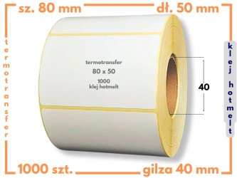 80x50 mm etykiety termotransferowe 1000 szt. gilza 40 klej HOTMELT samoprzylepne białe naklejki 80/50
