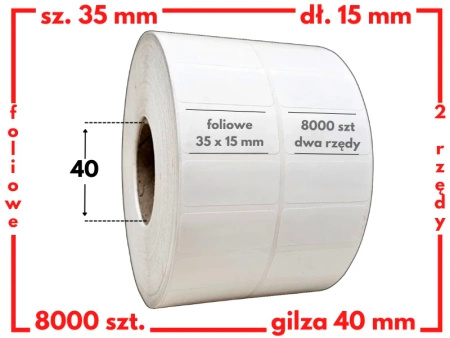 białe 35x15 mm etykiety FOLIOWE dwurzędowe 8000 szt. gilza 40 mm termotransfer