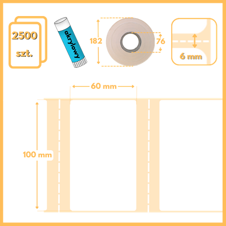 100x60 mm etykiety 2500 szt. perforacja samoprzylepne termotransferowe białe