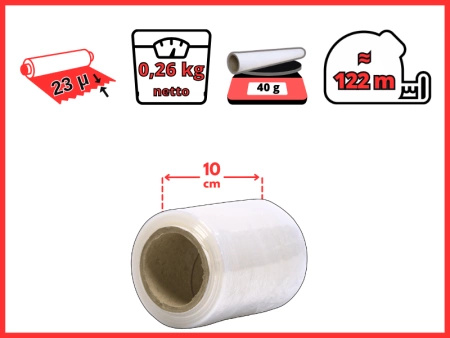 10 cm folia stretch 0,3 kg brutto (0,26 kg netto) bezbarwna 23 mic - minirap strecz mocny i wydajny
