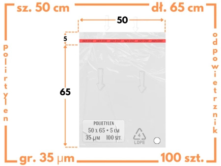 50x65 +5 cm worki foliowe z taśmą klejącą na odzież 500x650 +50 mm ldPE 100 szt 
