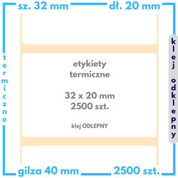 32x20 mm etykiety termiczne 2500 szt. klej ODLEPNY samoprzylepne białe