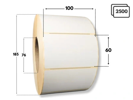 100x60 mm etykiety termotransferowe 2500 szt. PERFORACJA gilza 76 samoprzylepne białe naklejki 100/60