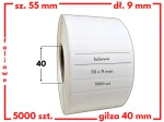 białe 55x9 mm etykiety FOLIOWE 5000 szt. gilza 40 mm termotransfer