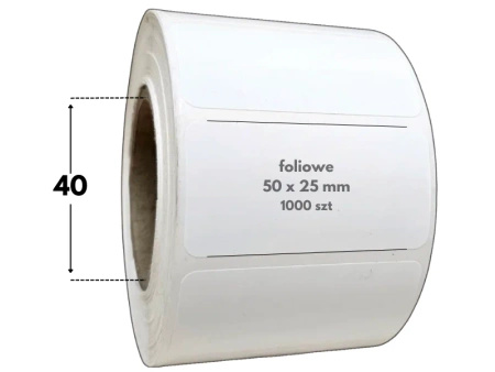 białe 50x25 mm etykiety FOLIOWE 1000 szt. gilza 40 mm termotransfer