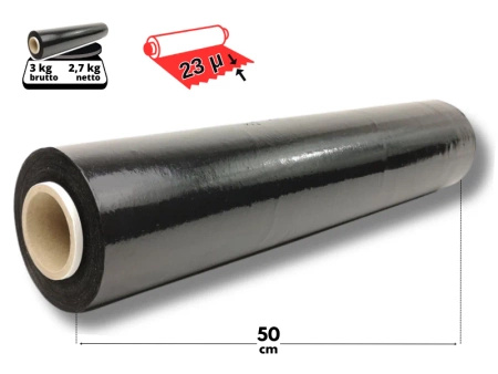 50 cm folia stretch 3 kg brutto (2,7 kg netto) czarna 23 mic - strecz mocny i wydajny