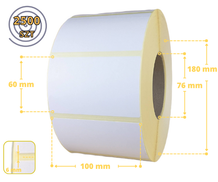 100x60 mm etykiety 2500 szt. perforacja samoprzylepne termotransferowe białe