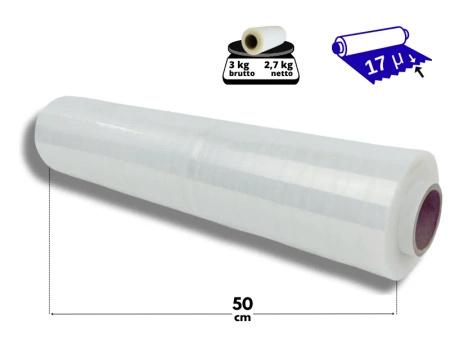 50 cm folia stretch 3 kg brutto (2,7 kg netto) przeźroczysta 17 mic - strecz bezbarwny długa i wydajny