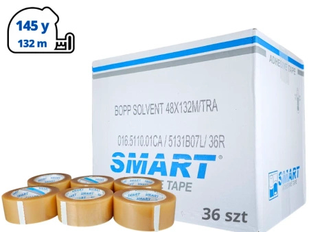 karton solvent 48mm x 145yd (132m) Smart BEZBARWNA taśma klejąca 48/145 pakowa 36 sztuk