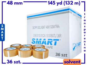 karton solvent 48mm x 145yd (132m) Smart BEZBARWNA taśma klejąca 48/145 pakowa 36 sztuk