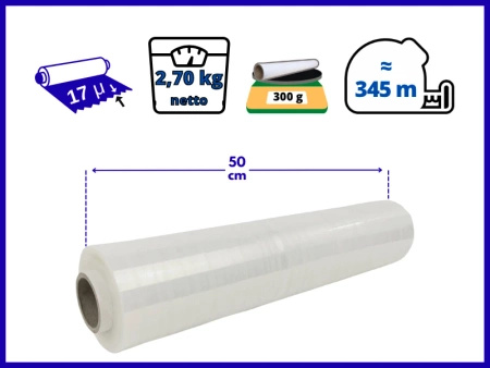 50 cm folia stretch 3 kg brutto (2,7 kg netto) przeźroczysta 17 mic - strecz bezbarwny długa i wydajny