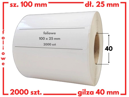 białe 100x25 mm etykiety FOLIOWE 2000 szt. gilza 40 mm termotransfer
