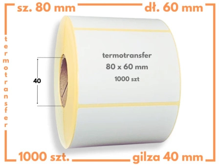 80x60 mm etykiety termotransferowe 1000 szt. gilza 40 samoprzylepne białe naklejki 80*60