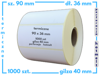 90x36 mm etykiety termiczne 1000 szt. gilza 40 mm kelj hotmelt perforacja samoprzylepne białe