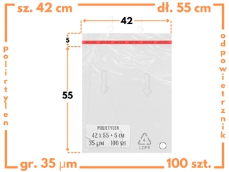 42x55 +5 cm worki foliowe z taśmą klejącą na odzież 420x550 +50 mm ldPE 100 szt 