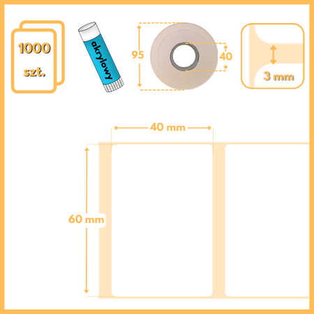 60x40 mm etykiety 1000 szt. gilza 40 samoprzylepne naklejki termotransferowe białe 60/40