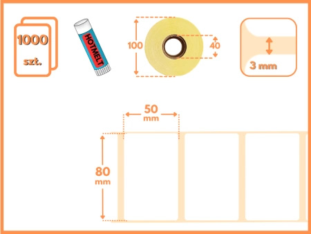 80x50 mm etykiety termotransferowe 1000 szt. gilza 40 klej HOTMELT samoprzylepne białe naklejki 80/50