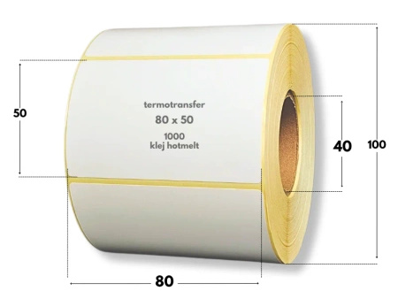 80x50 mm etykiety termotransferowe 1000 szt. gilza 40 klej HOTMELT samoprzylepne białe naklejki 80/50