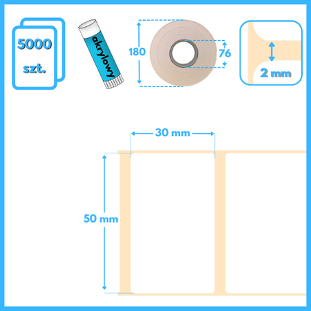 karton etykiet 50x30 mm termiczne 5000 szt. gilza 76 mm 24 rol. samoprzylepne białe