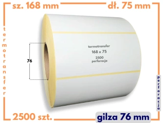 168x75 mm etykiety termotransferowe 2500 szt. gilza 76 perforacja samoprzylepne białe naklejki 168/75