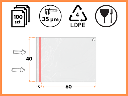 40x60+5 cm polietylenowe worki odzieżowe z taśmą klejąca i odpowietrznikiem 100 szt. (400x600 mm)