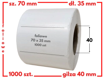 białe 70x35 mm etykiety FOLIOWE 1000 szt. gilza 40 mm termotransfer