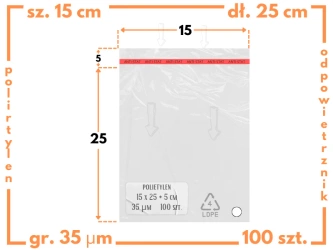 15x25 +5 cm worki foliowe z taśmą klejącą na odzież 150x250 +50 mm ldPE 100 szt