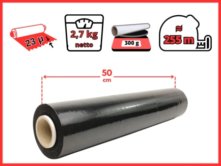 50 cm folia stretch 3 kg brutto (2,7 kg netto) czarna 23 mic - strecz mocny i wydajny