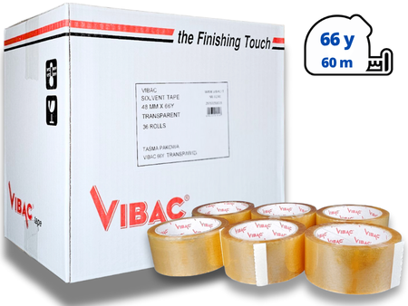 karton solvent 48mm x 66yd (60m) Vibac BEZBARWNA taśma klejąca 48/66 pakowa 36 sztuk