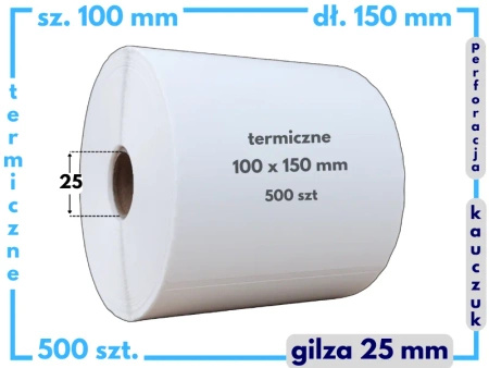 100x150 mm etykiety termiczne 500 szt. gilza 26 PERFORACJA kauczuk samoprzylepne białe