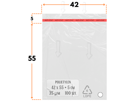 42x55 +5 cm worki foliowe z taśmą klejącą na odzież 420x550 +50 mm ldPE 100 szt 
