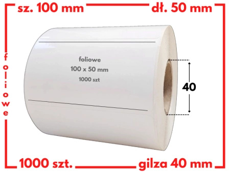 białe 100x50 mm etykiety FOLIOWE 1000 szt. gilza 40 mm termotransfer