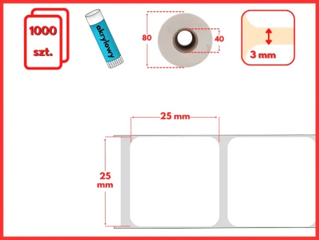 białe 25x25 mm etykiety FOLIOWE 1000 szt. gilza 40 mm termotransfer