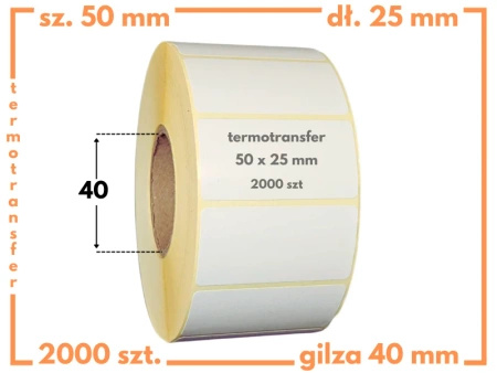 50x25 mm etykiety termotransferowe 2000 szt. gilza 40 samoprzylepne białe naklejki 50*25
