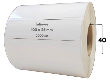 białe 100x25 mm etykiety FOLIOWE 2000 szt. gilza 40 mm termotransfer