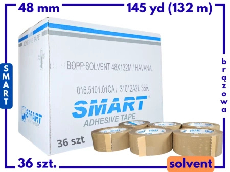 karton solvent 48mm x 145yd (132m) Smart BRĄZOWA taśma klejąca 48/145 pakowa 36 sztuk