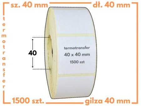 40x40 mm etykiety termotransferowe 1500 szt. gilza 40 samoprzylepne białe naklejki 40/40
