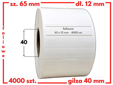 białe 65x12 mm etykiety FOLIOWE 4000 szt. gilza 40 mm termotransfer