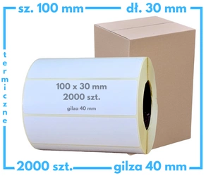 karton etykiet 100x30 mm etykiety termiczne 2000 szt. samoprzylepne białe 30 rol.