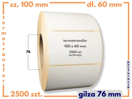 100x60 mm etykiety termotransferowe 2500 szt. PERFORACJA gilza 76 samoprzylepne białe naklejki 100/60