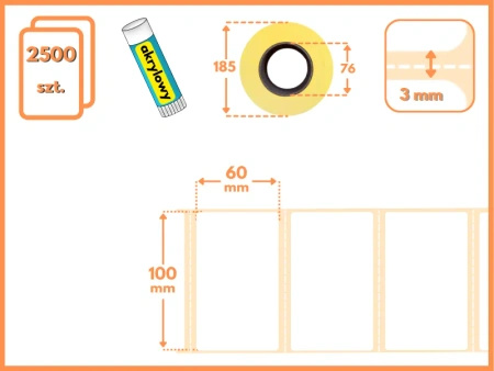 100x60 mm etykiety termotransferowe 2500 szt. PERFORACJA gilza 76 samoprzylepne białe naklejki 100/60